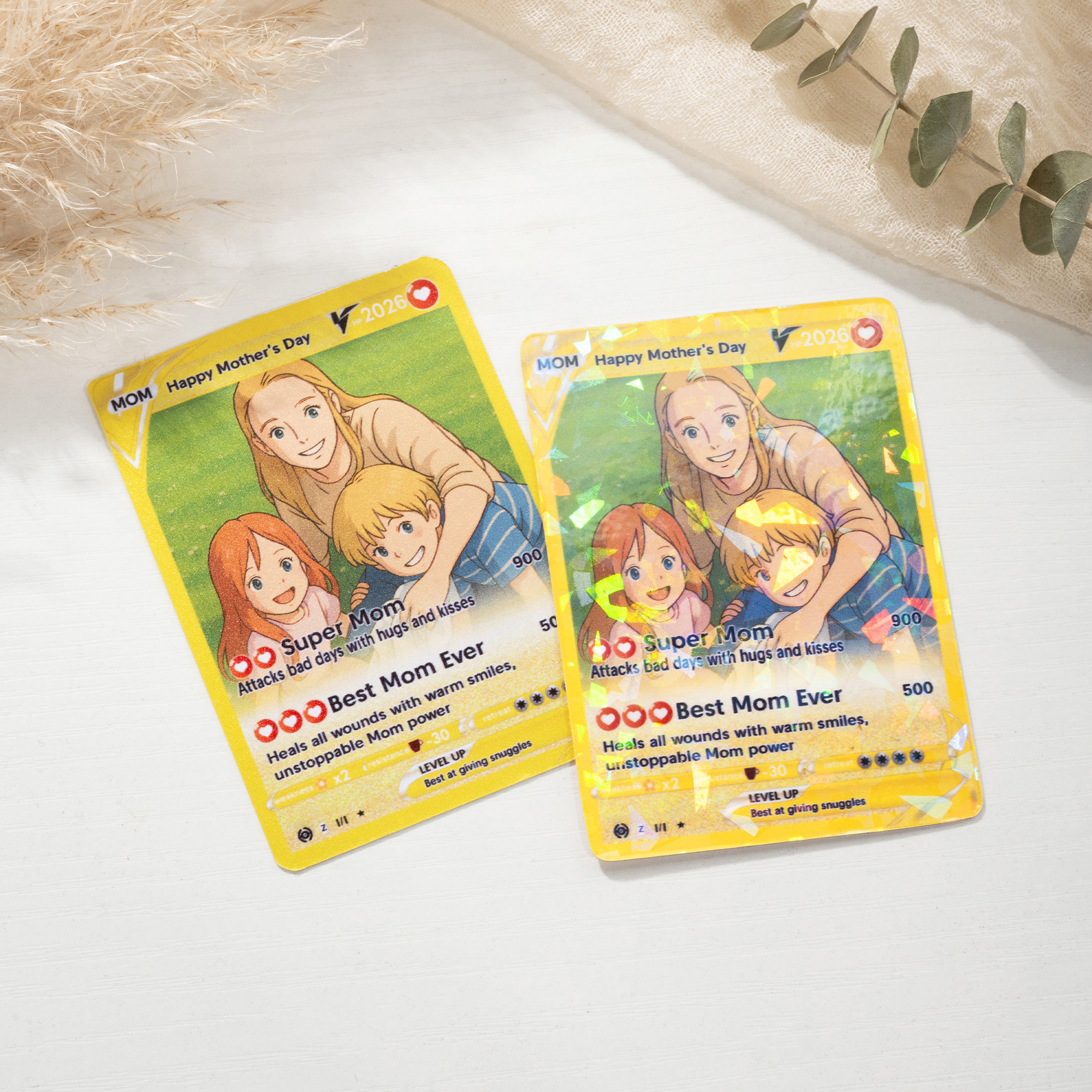 Carte de jeu Poke personnalisée avec description de l'attaque et housse de protection Cadeau d'anniversaire et de fête des mères pour la famille et les amis.