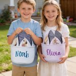 Personalized Embroidered Name Striped Easter Basket with Floppy Ears Easter Egg Hunt Bucket Gift for Boys Girls