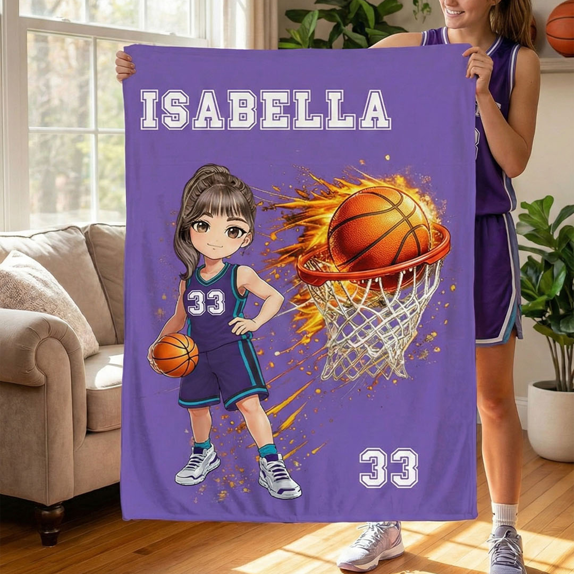Personnalisé Cartoon Character Basketball Multicolor Soft Throw Blanket with Name and Number Home Decor Team Birthday Gift for Basketball Fans Lovers (Cadeau d'anniversaire pour les fans de basket-bal