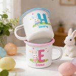 Personalized Cute Rabbit Easter Egg 12 oz Enamel Mug with Name and Initial Easter Birthday Gift for Kids