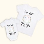 Personalisierte Baumwolle Unsere erste Muttertag Bunny Rabbit Mommy T-Shirt und Baby Onesie mit Namen Geschenk für neue Mutter Baby