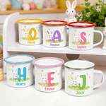 Personalized Cute Rabbit Easter Egg 12 oz Enamel Mug with Name and Initial Easter Birthday Gift for Kids