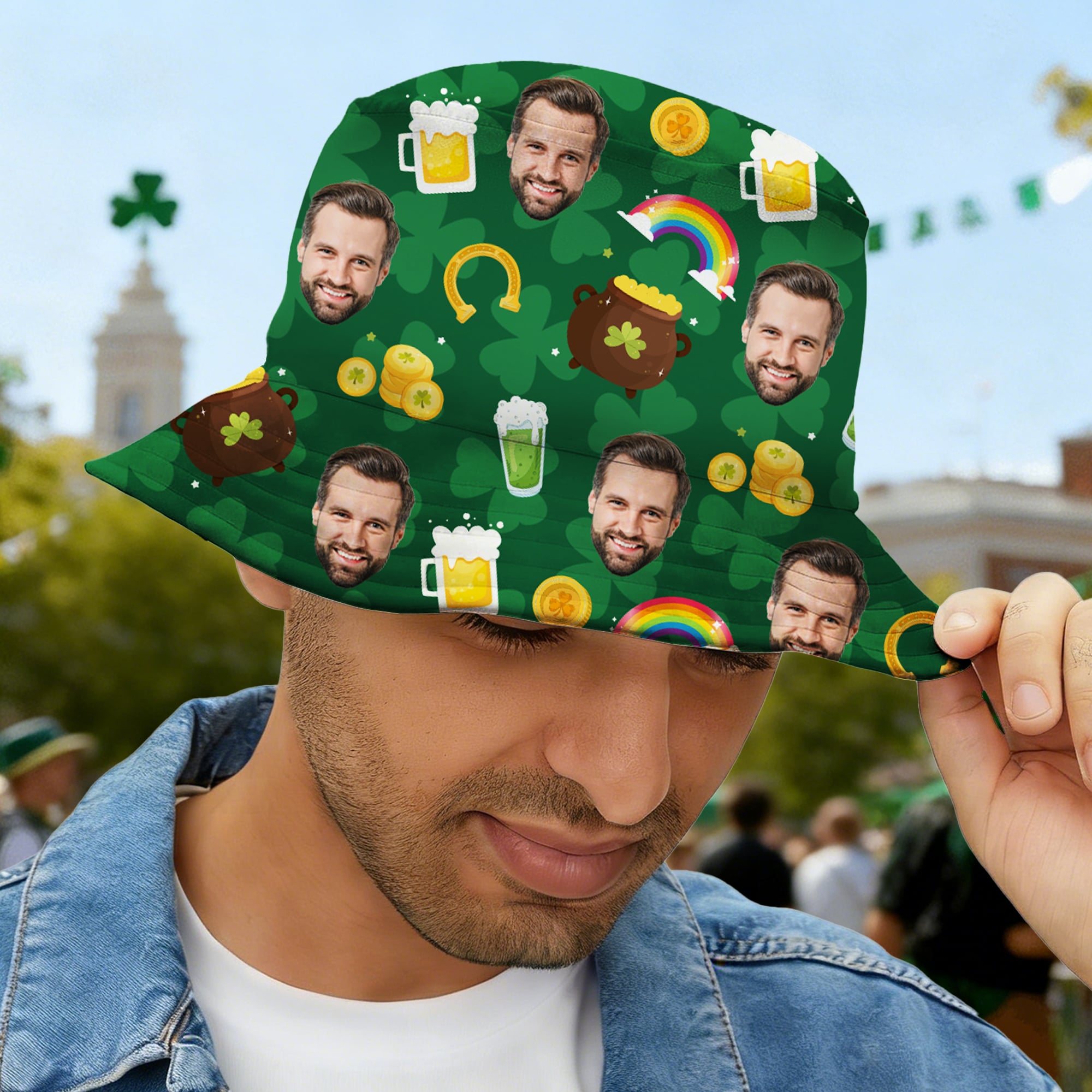 Chapeau de pêche unisexe personnalisé avec photo de visage amusante Chapeau de pêche à seau pour la plage Fête essentielle Anniversaire Saint Patrick Cadeau pour ami Famille