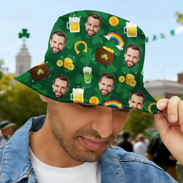 Personalized Funny Face Photo Unisex Fishing Bucket Hat Beach Party Essential Birthday Saint Patrick's Day Gift for Friend Family