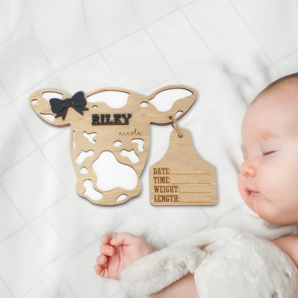 Personalised Bow Cow Head Newborn Announcement with Name Home Decor Newborn Photoshoot Baby Shower Anniversary Gift for New Parents