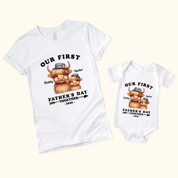 Gepersonaliseerd Schattig Highland Koe 100% Katoenen Baby Onesie T-shirt Ouder-Kind Kleding met Naam en Jaar Eerste Vaderdag Cadeau voor Pasgeboren Nieuwe Papa