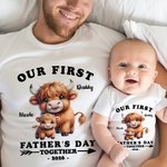 Personalizado lindo Highland Vaca 100% algodón bebé Onesie camiseta ropa de los padres y los niños con el nombre y el año primer regalo del Día del Padre para el recién nacido papá nuevo