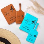 Gepersonaliseerde Vliegtuig Hart Route Lederen Paspoort Houder Bagagelabel Set met Initialen Verjaardag Huwelijksreis Cadeau voor Koppel Reisliefhebber