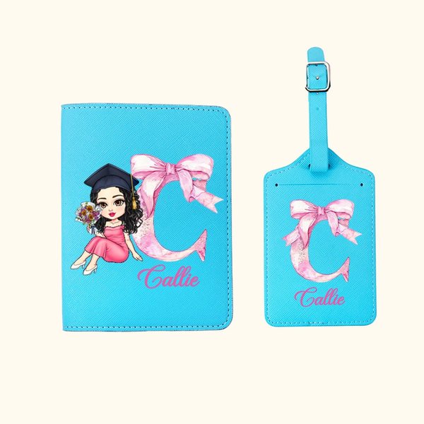 Personalizada de dibujos animados de Graduación de la muchacha del arco inicial de la PU de cuero de pasaporte titular de la etiqueta de equipaje con el nombre de Graduación de cumpleaños de regalo pa