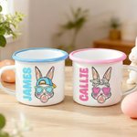 Tasse émaillée personnalisée avec nom et bord coloré pour le lapin de Pâques Cadeau de fête de Pâques pour les enfants et la famille