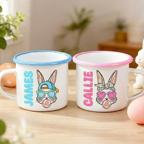 Personalized Cute Easter Bunny 12oz Enamel Mug with Name and Colorful Rim Easter Party Favor Gift for Kids Family
