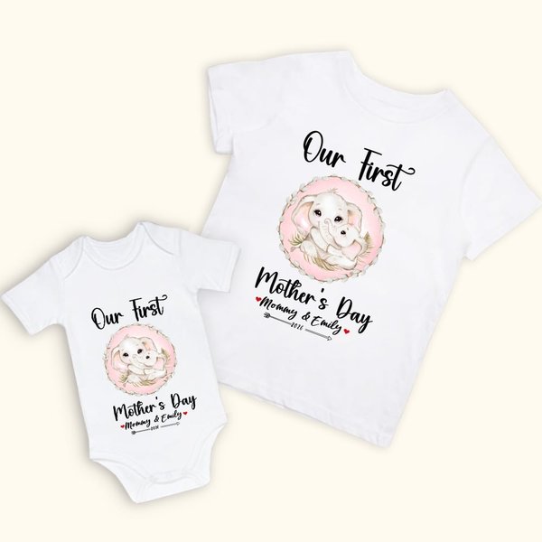 Ensemble T-shirt et Onesie pour bébé 100% coton avec motif d'éléphant personnalisé Notre premier cadeau de fête des mères pour le nouveau-né et la nouvelle maman