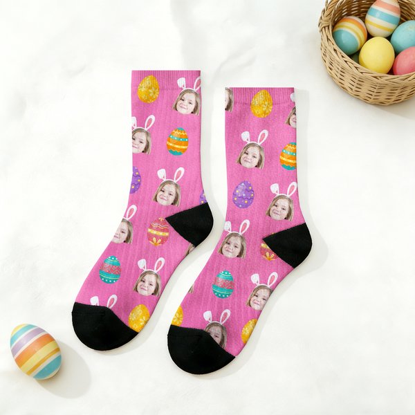 Oreilles de lapin personnalisées avec photo des oeufs de Pâques Chaussettes douces à mi-mollet Cadeau de Pâques pour les enfants et la famille