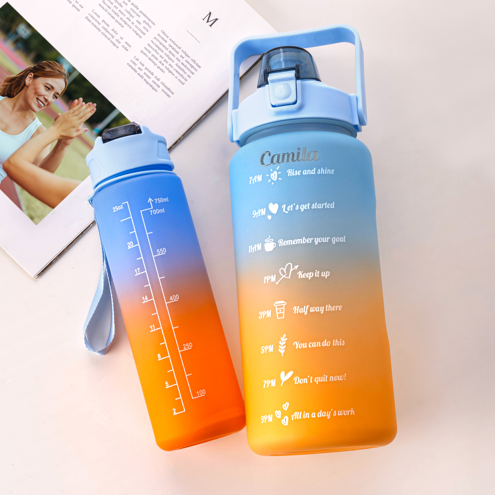 Bouteille Personnalisée avec Nom Style Dégradation Bicolore Grande Capacité Marqueur de Temps Paille et Anse Cadeau Anniversaire pour Homme Femme