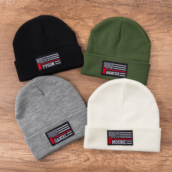 Personalised Embroidered American Flag Red Line Soft Beanie with Name Daily Wear Birthday Gift for Firefighters Volunteers Fire Departments