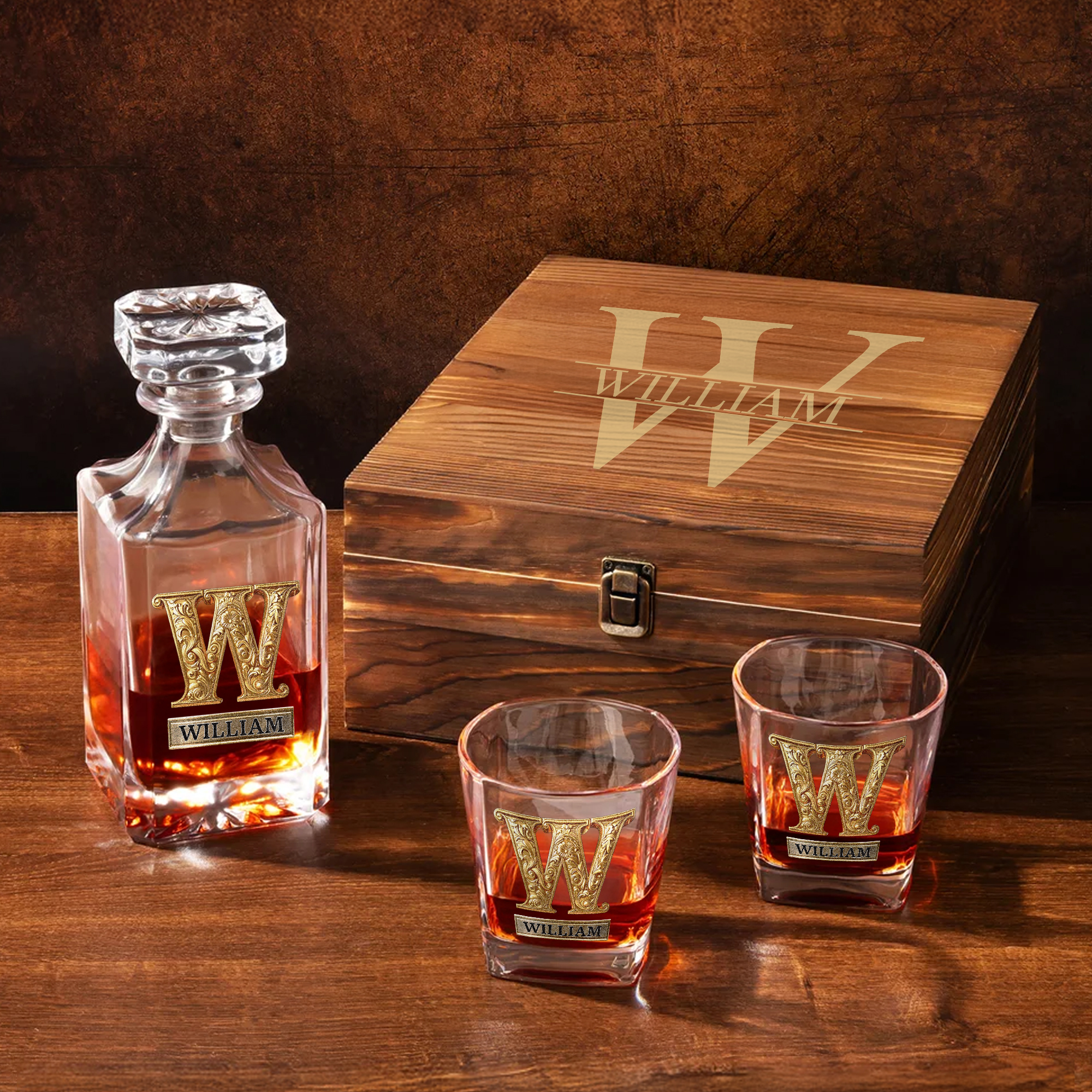 Set de verres à décanter Vintage Vintage Initial Whiskey avec boîte en bois et nom Cadeau d'anniversaire de fête des pères pour papa mari