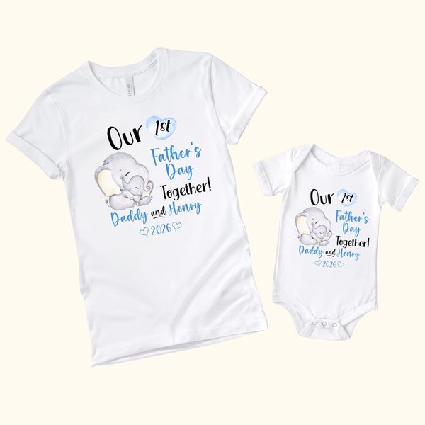 Personalised Cute Elephant Our First Father's Day T-shirt 100% Cotton Baby Onesie Dad and Baby Set with Name Gift for Dad Baby