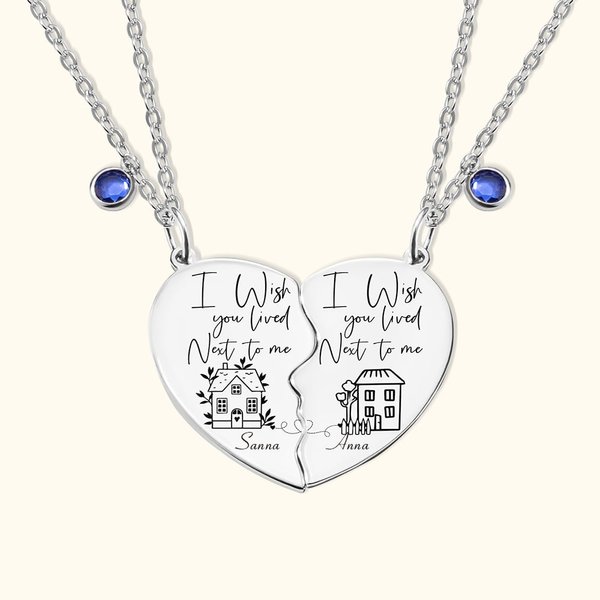 Personoitu kahden kaulakorun setti nimellä syntymäkivellä ja talolla kaiverrettu syntymäpäivä ystävyyslahja parhaalle ystävälle