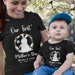 Personalisierte Baumwolle Unsere erste Muttertag Bunny Rabbit Mommy T-Shirt und Baby Onesie mit Namen Geschenk für neue Mutter Baby