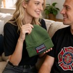 Personalised Embroidered American Flag Red Line Soft Beanie with Name Daily Wear Birthday Gift for Firefighters Volunteers Fire Departments