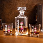 Personalized Volleyball Cartoon Character Whiskey Decanter Glasses Wooden Box Set with Name Father's Day Birthday Gift for Man Woman Volleyball Lover