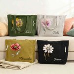 Borsa tote personalizzata con fiore di nascita e nome, in velluto a coste, grande capacità, con cerniera e tasca frontale - Regalo per lei