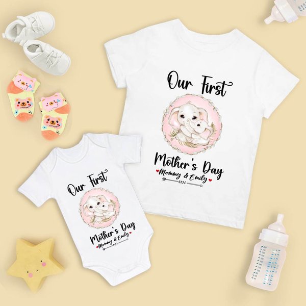Personalised Adorable Elephant Design 100% Cotton T-shirt and Baby Onesie Matching Outfit Set Our First Mother's Day Gift for Newborn New Mom