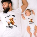 Personalizado lindo Highland Vaca 100% algodón bebé Onesie camiseta ropa de los padres y los niños con el nombre y el año primer regalo del Día del Padre para el recién nacido papá nuevo
