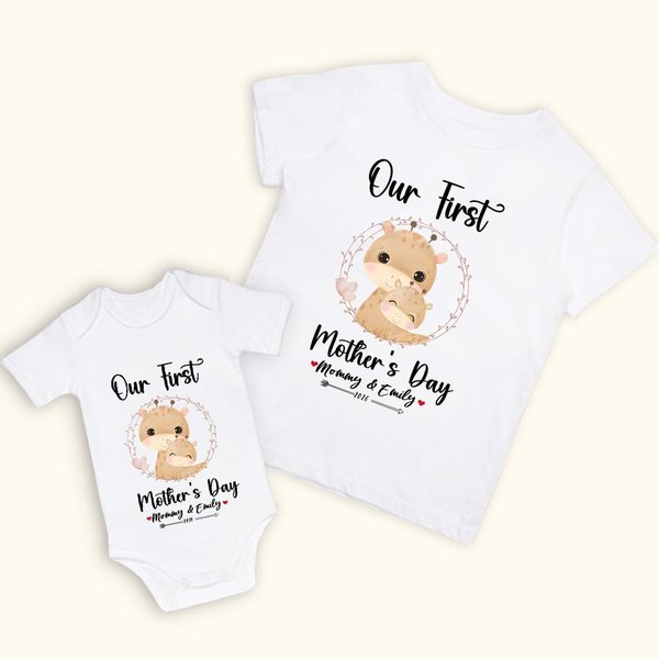 Personalised Cute Deer Our First Mother's Day 100% Cotton Mom and Baby Matching Shirt with Names Mother's Day Gift for New Mom Baby