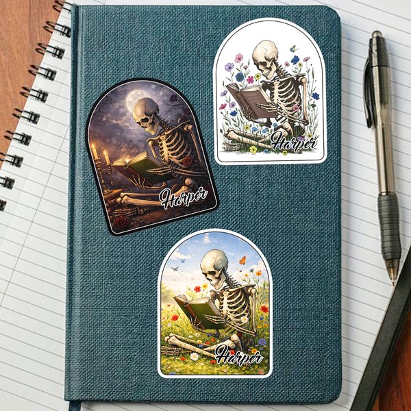 Personalised Funny Bookworm Skull Waterproof Stickers Labels with Name Birthday Gift for Book Lovers Friends