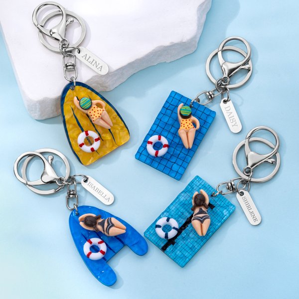 Personalized Swimming Pool Cartoon Character Keychain with Engraved Name Tag Birthday Anniversary Gift for Swimming Lovers