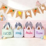 Personalized Embroidered Name Striped Easter Basket with Floppy Ears Easter Egg Hunt Bucket Gift for Boys Girls