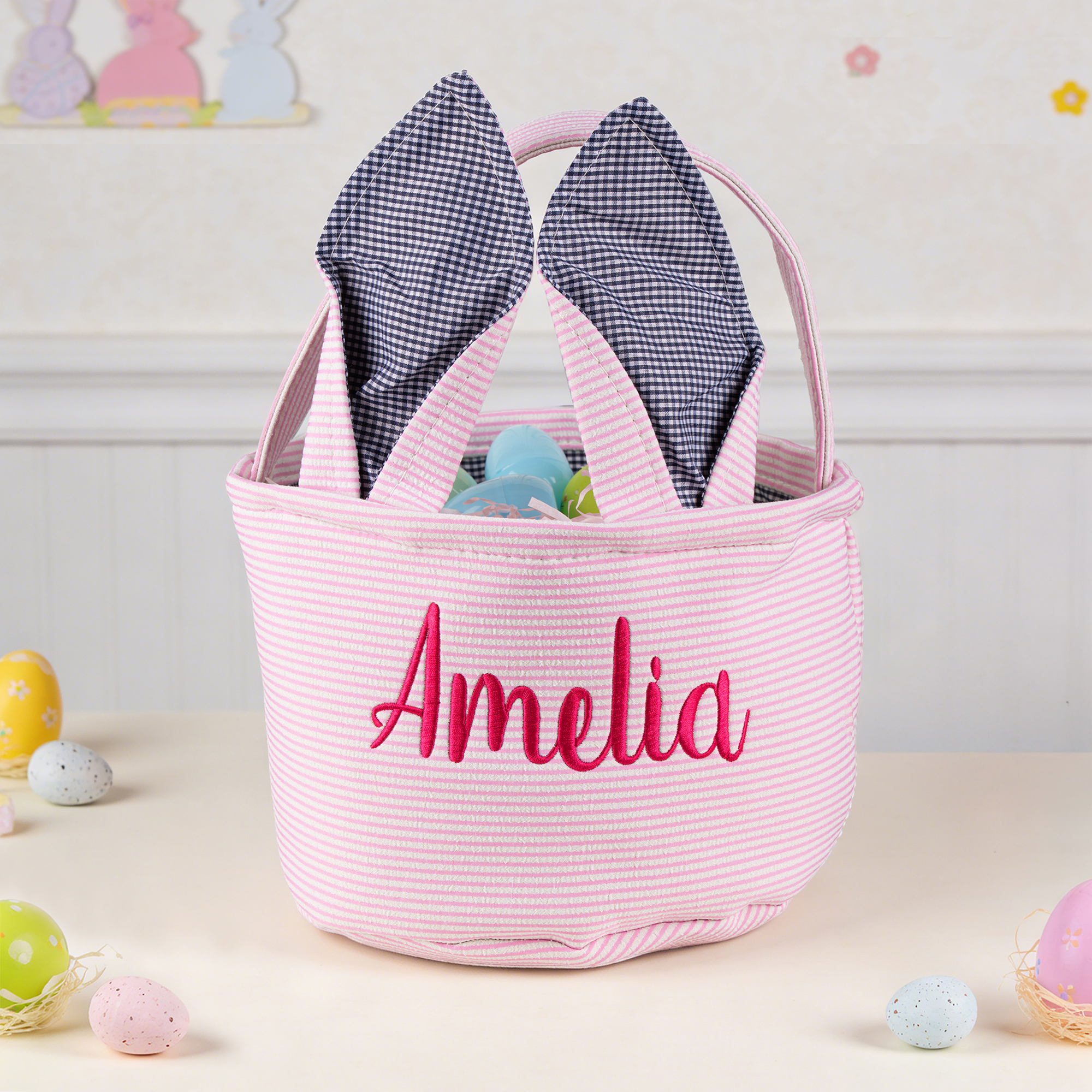 Panier de Pâques à rayures avec Oreilles Flottantes Panier de Pâques pour la chasse aux oeufs Cadeau pour Garçons Filles