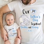Personalized Cute Elephant Our First Father's Day T-shirt 100% Cotton Baby Onesie Dad and Baby Set with Name Gift for Dad Baby