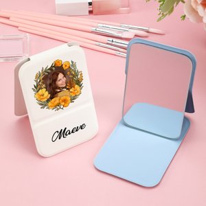 Personalised Birth Flower Wreath Photo PU Leather Makeup Mirror with Name Foldable Travel Essentials Birthday Anniversary Gift for Women