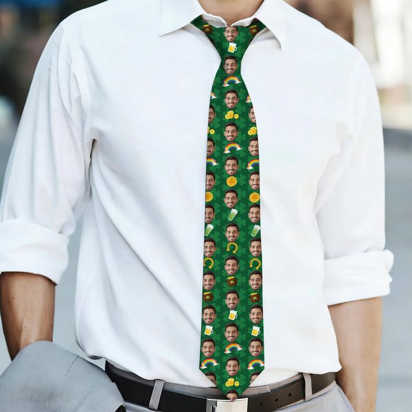 Personalized Gold Coin Beer Rainbow Clover Face Photos Soft Tie Novelty Accessory Saint Patrick's Day Father's Day Birthday Gift for Man