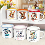 Personalized Cute Rabbit 12 oz Colored Rim Enamel Mug with Name Easter Birthday Gift for Kids Boys Girls