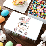 Personalized Leopard Print Easter Bunny Ears Food Grade Metal Biscuit Tin with Name Easter Day Gift for Kids Family Friends