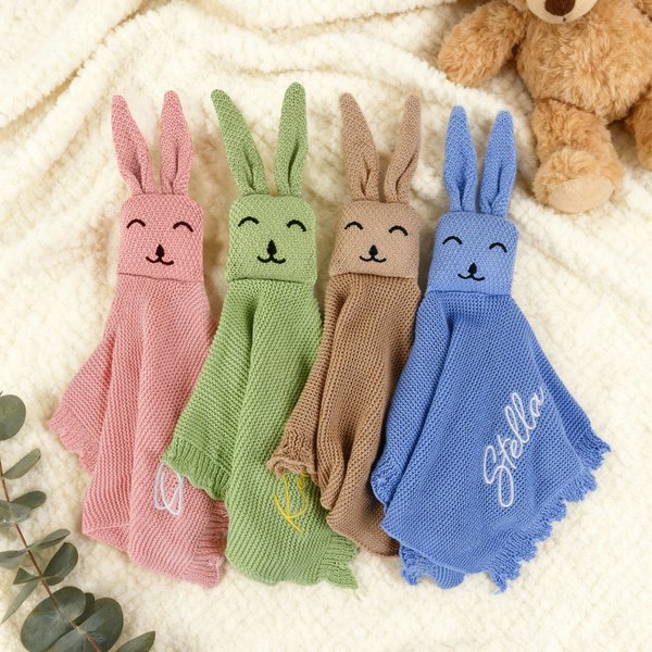 Personalized Healthcare Bunny Knitted Soft Baby Security Blanket with Embroidered Name Birthday Baby Shower Gift for Newborn New Mom