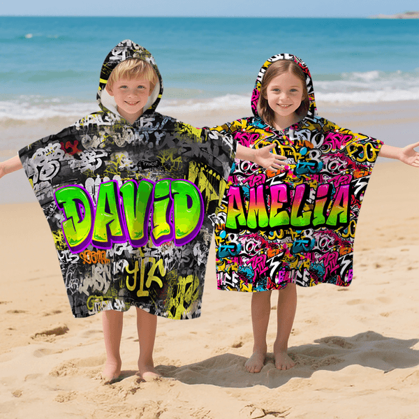 Personalized Graffiti Style Quick Dry Hooded Beach Towel with Name Beach Essentials Summer Vacation Birthday Gift for Kids Graffiti Lovers