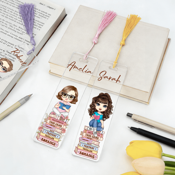 Personalized Cartoon Reading Character Acrylic Bookmark with Name and Tassel Reading Supplies Birthday Gift for Bookworm Friend Family