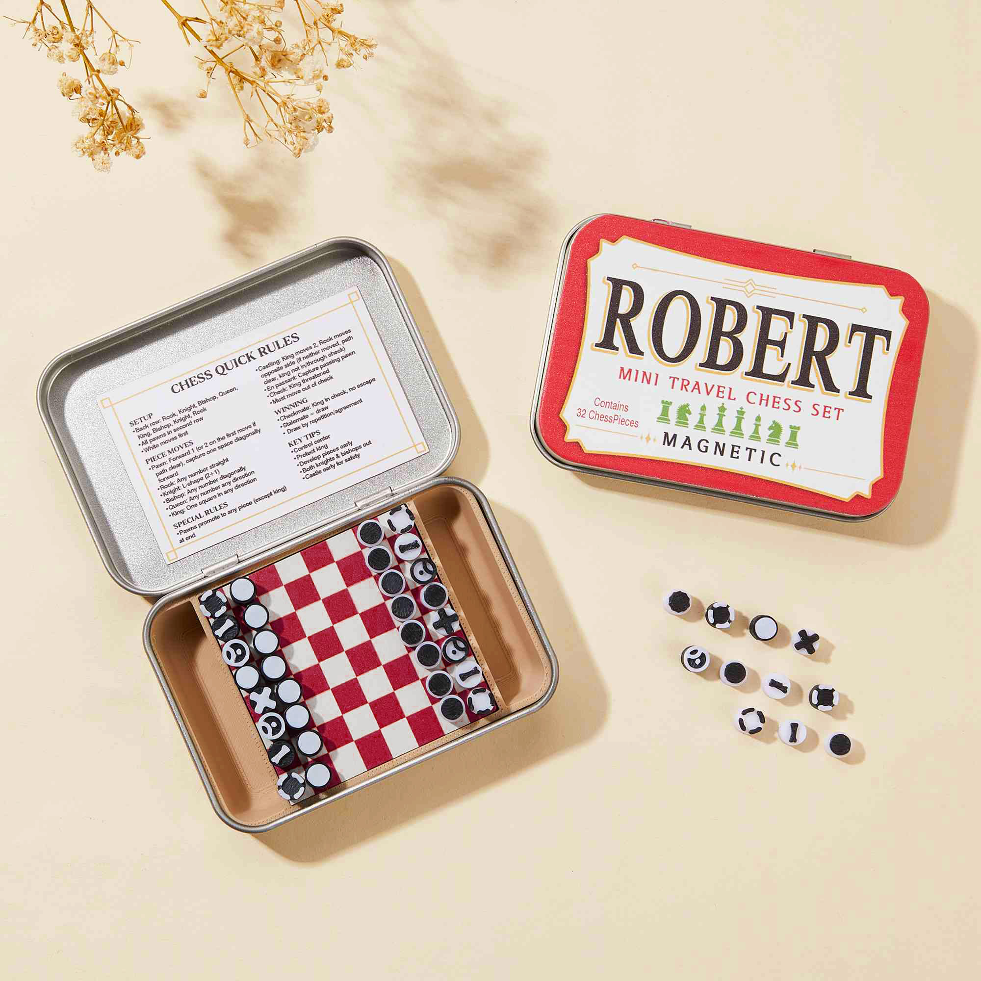 Jeu d'échecs magnétique de voyage personnalisé avec nom Petit jeu de poche portable Cadeau d'anniversaire pour les amateurs d'échecs