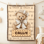 Personalized Bow Teddy Bear Biscuit Soft Tassel Blanket with Name Nursery Decor Birthday Gift for Kids Family