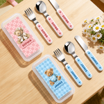 Personalized Multi-Color Cute Teddy Bear Kids Knife Fork Spoon Three-Piece Set with Name Daily Dining Birthday Gift for Children  Toddlers