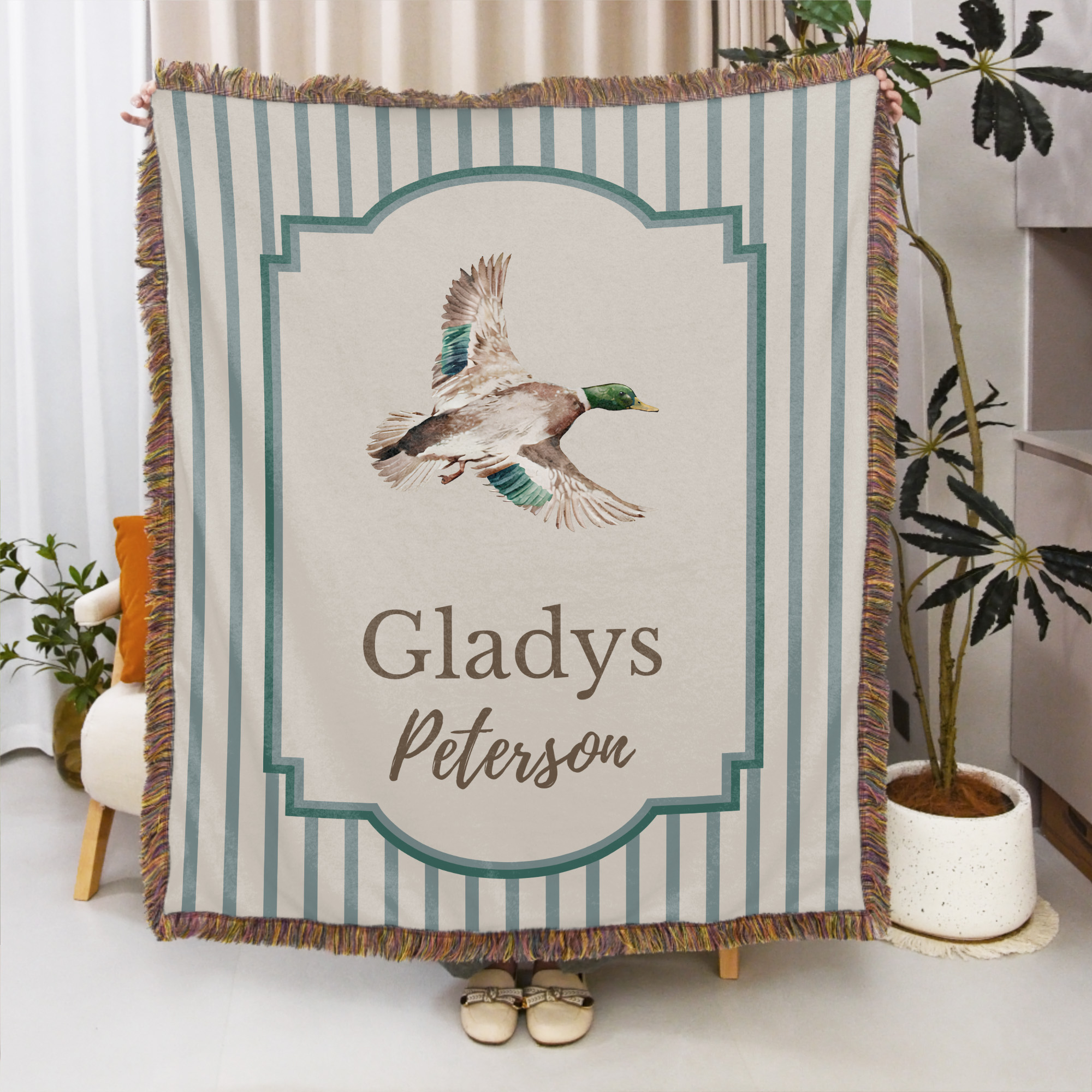 Couverture tissée personnalisée à motif de canard colvert avec nom Cadeau d'anniversaire pour nouveau-né et nouveaux parents