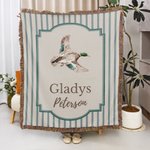 Gepersonaliseerde Mallard Duck Patroon Gestreepte Tassel Woven Deken met Naam Dagelijks Gebruik Verjaardagscadeau voor Pasgeboren Nieuwe Ouders