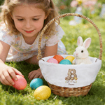 Personalized Cute Bunny Initial Easter Basket Liner with Name Easter Party Favor Eggs Hunting Gift for Kids