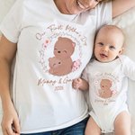 Personalised Cute Animal Wreath 100% Cotton Baby Bodysuit Matching T-shirt with Names and Date First Mother's Day Gift for Newborn New Mom