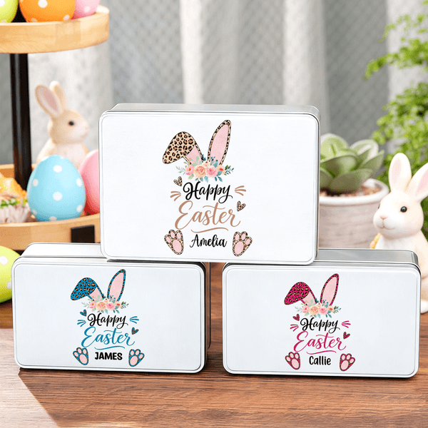 Personalized Leopard Print Easter Bunny Ears Food Grade Metal Biscuit Tin with Name Easter Day Gift for Kids Family Friends