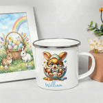 Personalized Cute Rabbit 12 oz Colored Rim Enamel Mug with Name Easter Birthday Gift for Kids Boys Girls